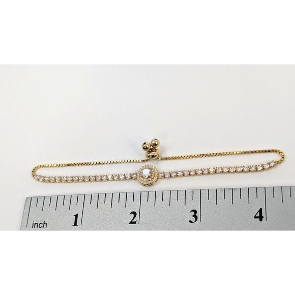 Lariat Bracelet 925 CZ Clear Rhinestones Gold Tone Bolo Tennis Style Minimalist - Picture 11 of 12